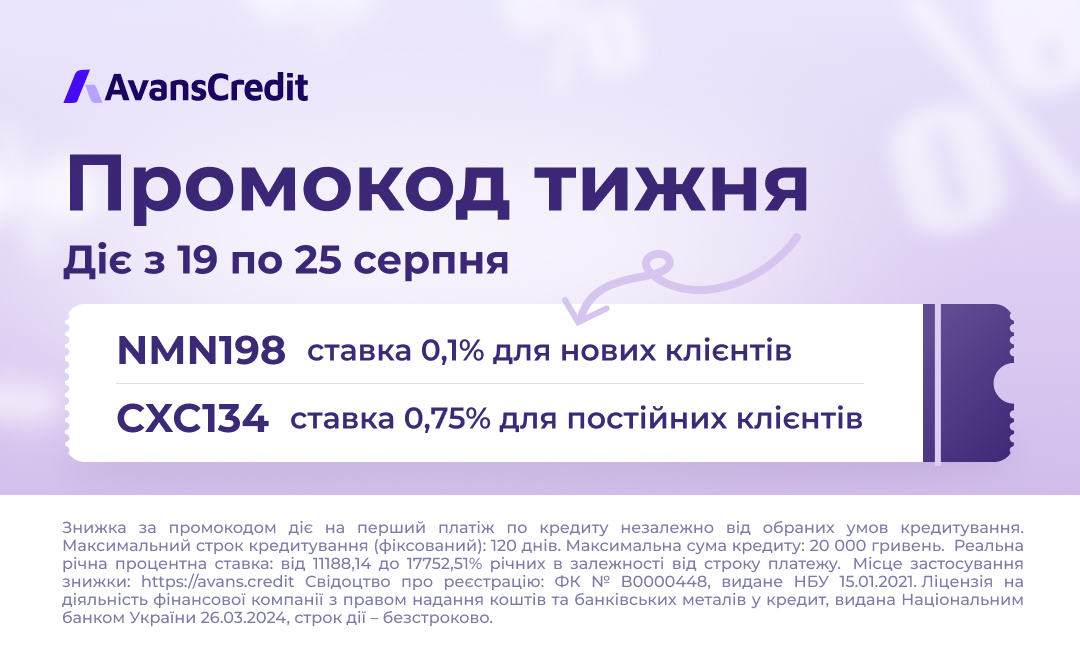 <p>Понедельник – это новый старт и новые возможности! 💪Avans Credit желает вам продуктивного начала недели. Пусть каждый день приближает вас к финансовым целям, а мы всегда рядом, чтобы поддержать!</p><p>Промокод недели 🔥: NMN198 для новых клиентов дает ставку 0,1% и CXC134 для постоянных клиентов дает пониженную процентную ставку 0,75% на первый платеж по кредиту вне зависимости от выбранных условий кредитования. 💳Акция проходит с 19 по 25 августа 2024 года.</p><p>👇👇👇Напоминаем, что действует пониженная дневная процентная ставка на кредит: 1,5% в день. Максимальный срок кредитования (фиксированный): 120 дней. Максимальная сумма кредита: 20 000 гривен. Реальная годовая процентная ставка: от 1118 51% годовых в зависимости от срока платежа.Деньги на любые потребности по ссылке https://web-credit.com.ua/3hsx💳🚀</p><p>Источник </p>