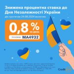 33 роки тому Україна здобула незалежність. Нам було важко, але в той же час були дуже щасливі часи. Зараз ми живемо в переломний момент, який визначатиме все в майбутньому. Проте в цей день я хочу нагадати, що ми не вперше обираємо самі. Ми бажаємо лише одного – щоб після нашої перемоги нам більше не потрібно було нічого доводити. Цінуймо все, що маємо. І пам’ятаймо, що світло завжди перемагає. З Днем Незалежності! 💙💛 🔹 Промокод: MA4932 🔸 Діє до 24.08.2024 включно 🔹 Знижена відсоткова ставка: 0,8% на день. Знижка доступна для клієнтів, які закрили кредит принаймні за 1 день до дати публікації промокоду.